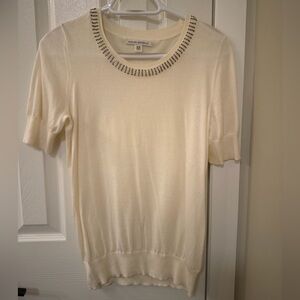 Banana Republic Ivory Short-Sleeve Sweater with Beaded Neckline